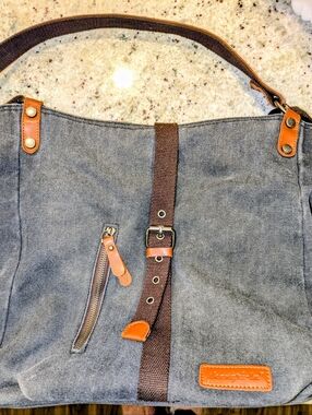 Shangri-La Boho Canvas Tote Bag Gray Brown Leather Trim Crossbody Slouchy